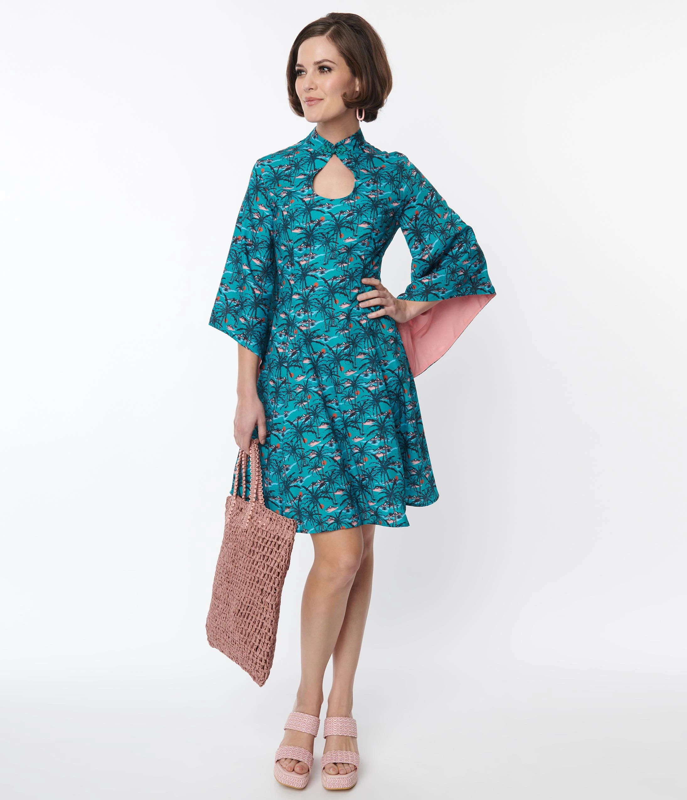 Rockin' Bettie Teal & Pink Palm Tree Willow Flare Dress - Image 5