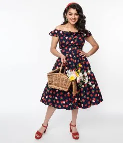 Magnolia Place Navy Strawberry Barbara Swing Dress