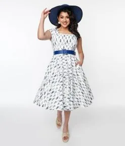 Magnolia Place Ivory & Navy Cat Anna Swing Dress