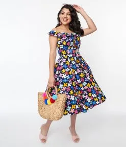 Magnolia Place Navy & Multicolor Floral Barbara Swing Dress