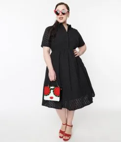 SHEEN Clothing Ltd 1950s Black Eyelet Collared Swing Dress
