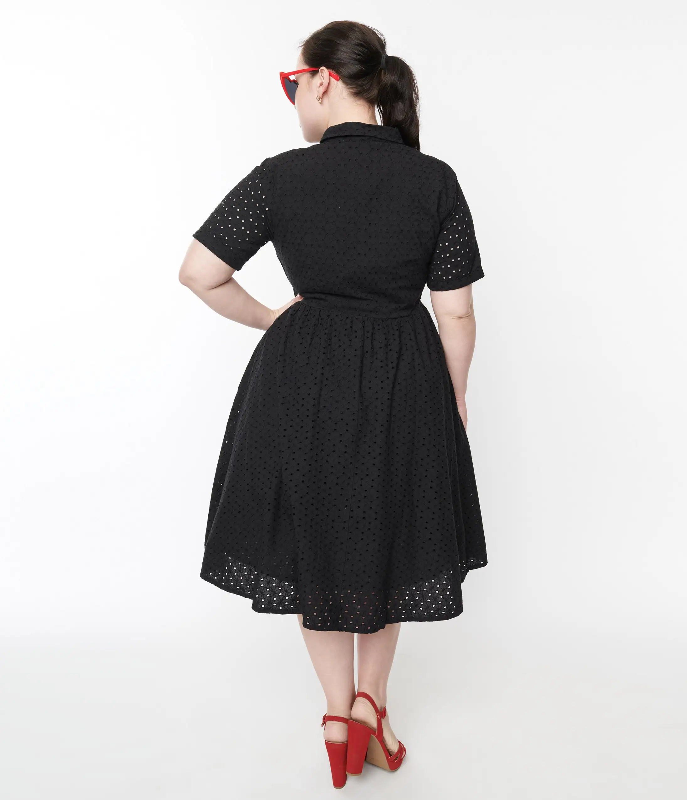 SHEEN Clothing Ltd 1950s Black Eyelet Collared Swing Dress - Image 2