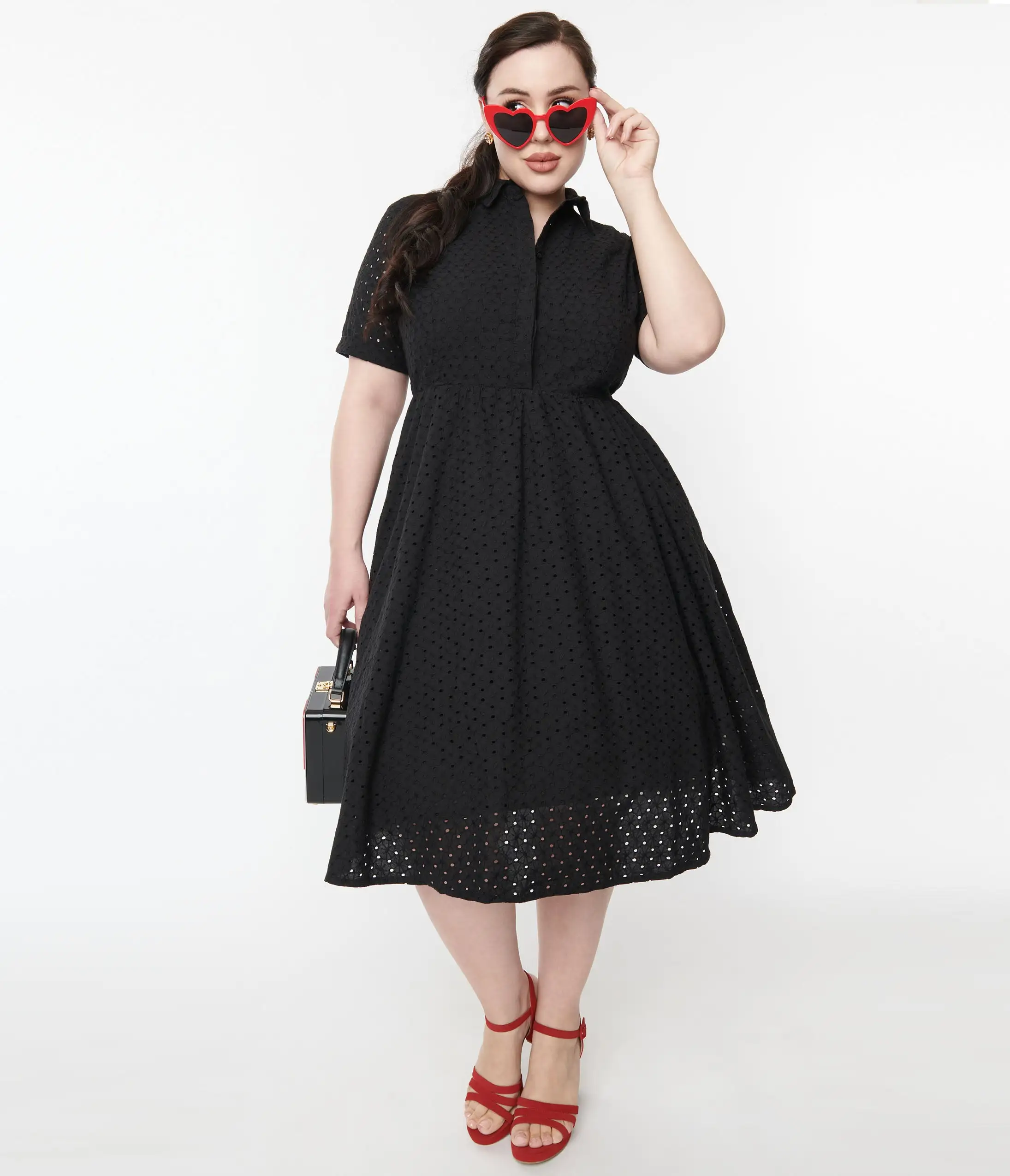 SHEEN Clothing Ltd 1950s Black Eyelet Collared Swing Dress - Image 4