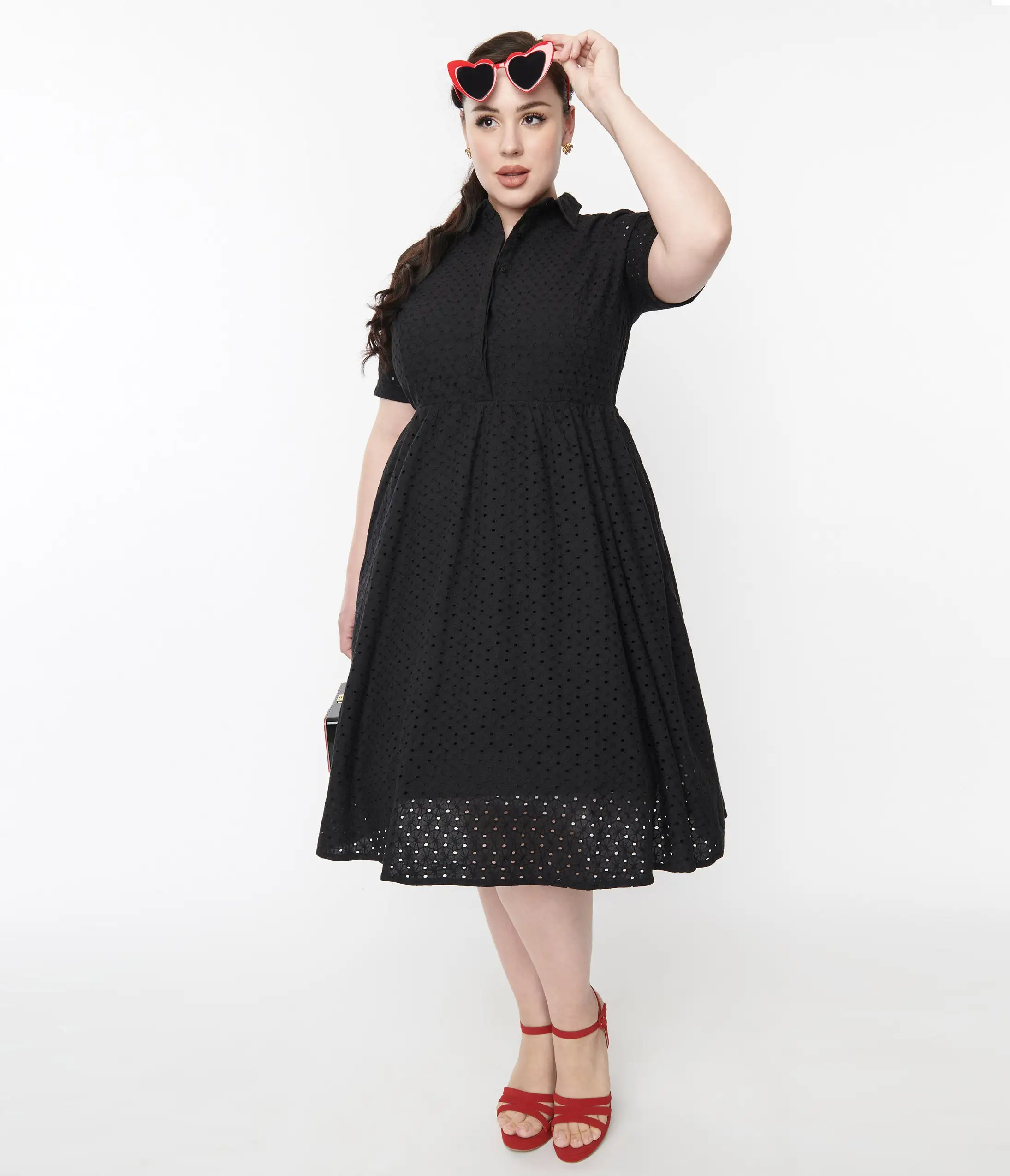 SHEEN Clothing Ltd 1950s Black Eyelet Collared Swing Dress - Image 5