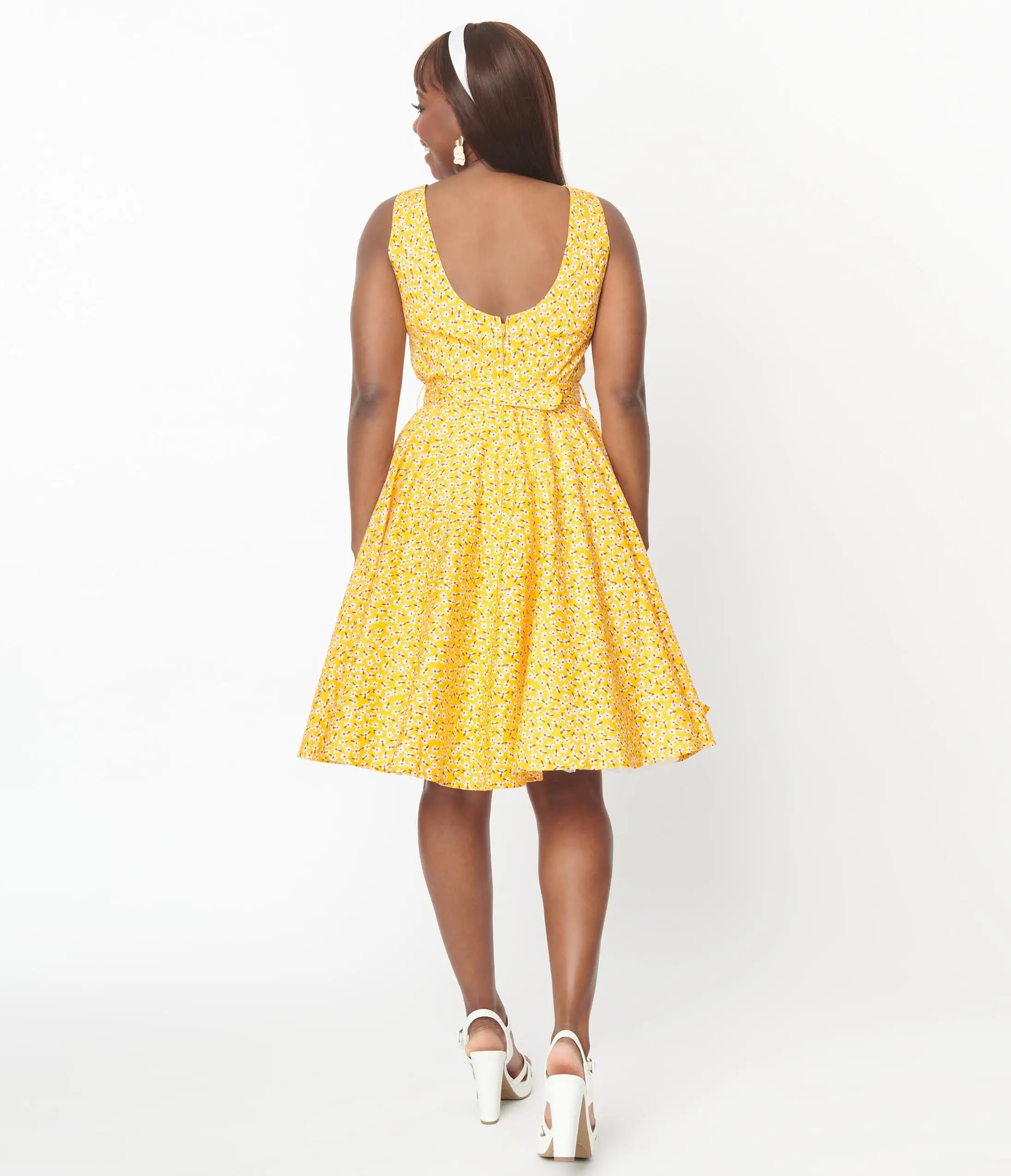 SHEEN Clothing Ltd Yellow Floral Swing Dress - Image 3