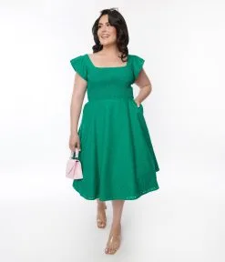 SHEEN Clothing Ltd Green Eyelet Ruffle Sleeve Swing Dress