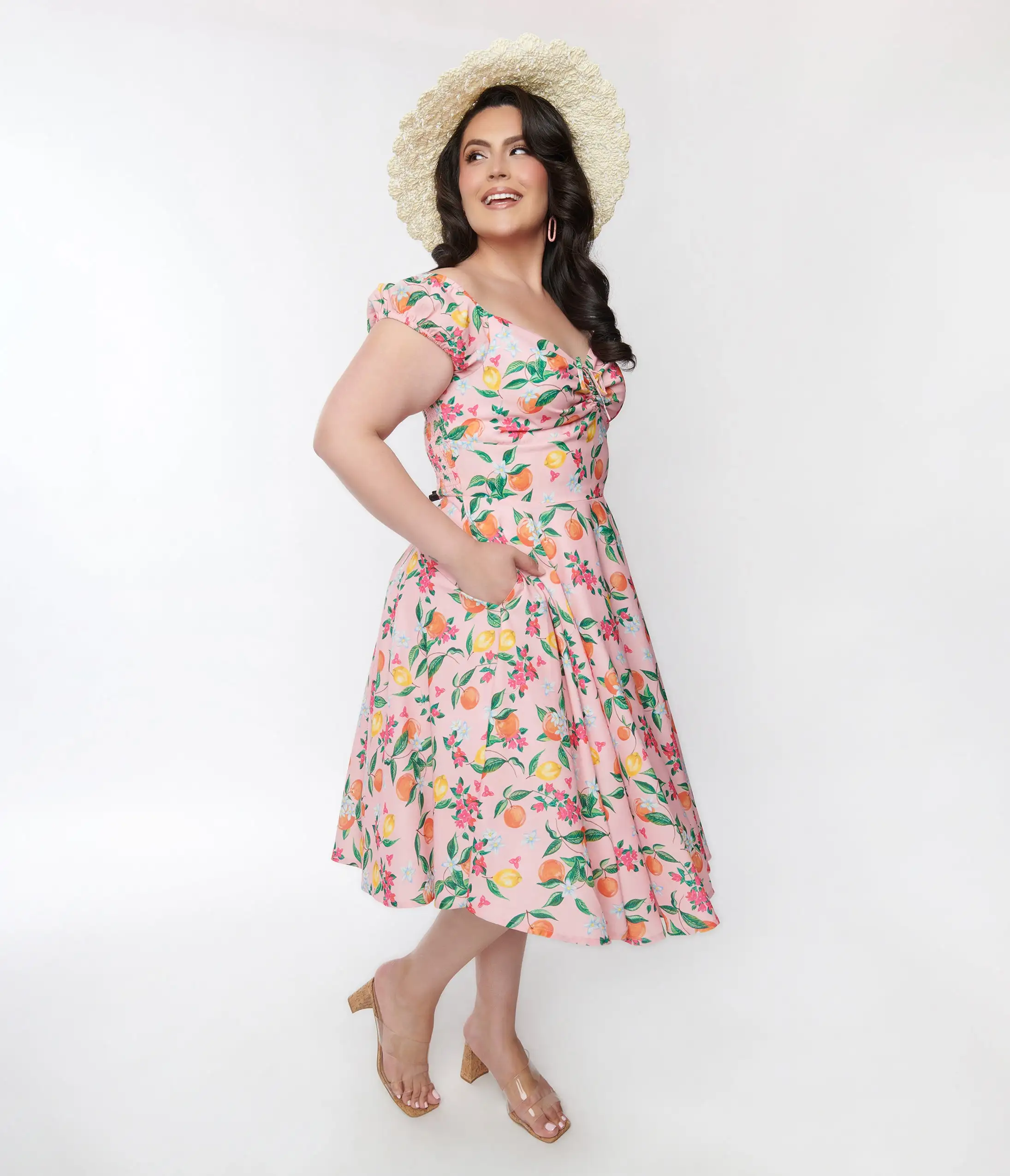 SHEEN Clothing Ltd Pink Lemon & Orange Blossom Swing Dress - Image 4