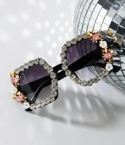Lucent Product Inc. Black Rhinestone & Floral Hexagon Sunglasses