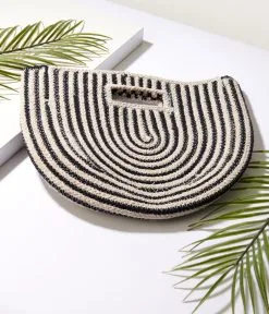 FAME ACCESSORIES Black & Ivory Striped Half Circle Handbag
