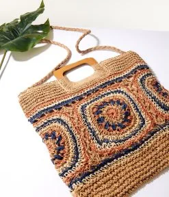 FAME ACCESSORIES Tan & Navy Woven Square Handbag