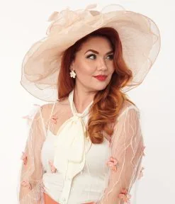 Jeanne Simmons Accessories Peach Floral Feathered Ribbon Sun Hat
