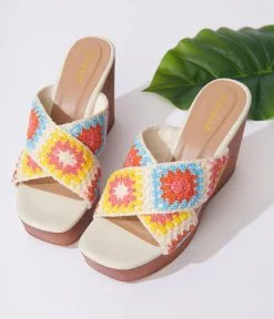 JP Original Corp. Ivory Multicolor Crochet Platform Wedges