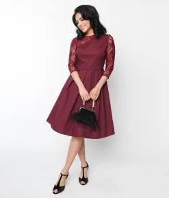 Chic Star Burgundy & Black Lace Frill Collared Swing Dress