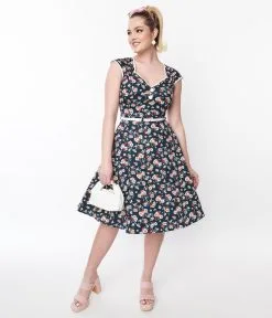 LADY VINTAGE WHOLESALE Navy Ditsy Flower Isabella Swing Dress