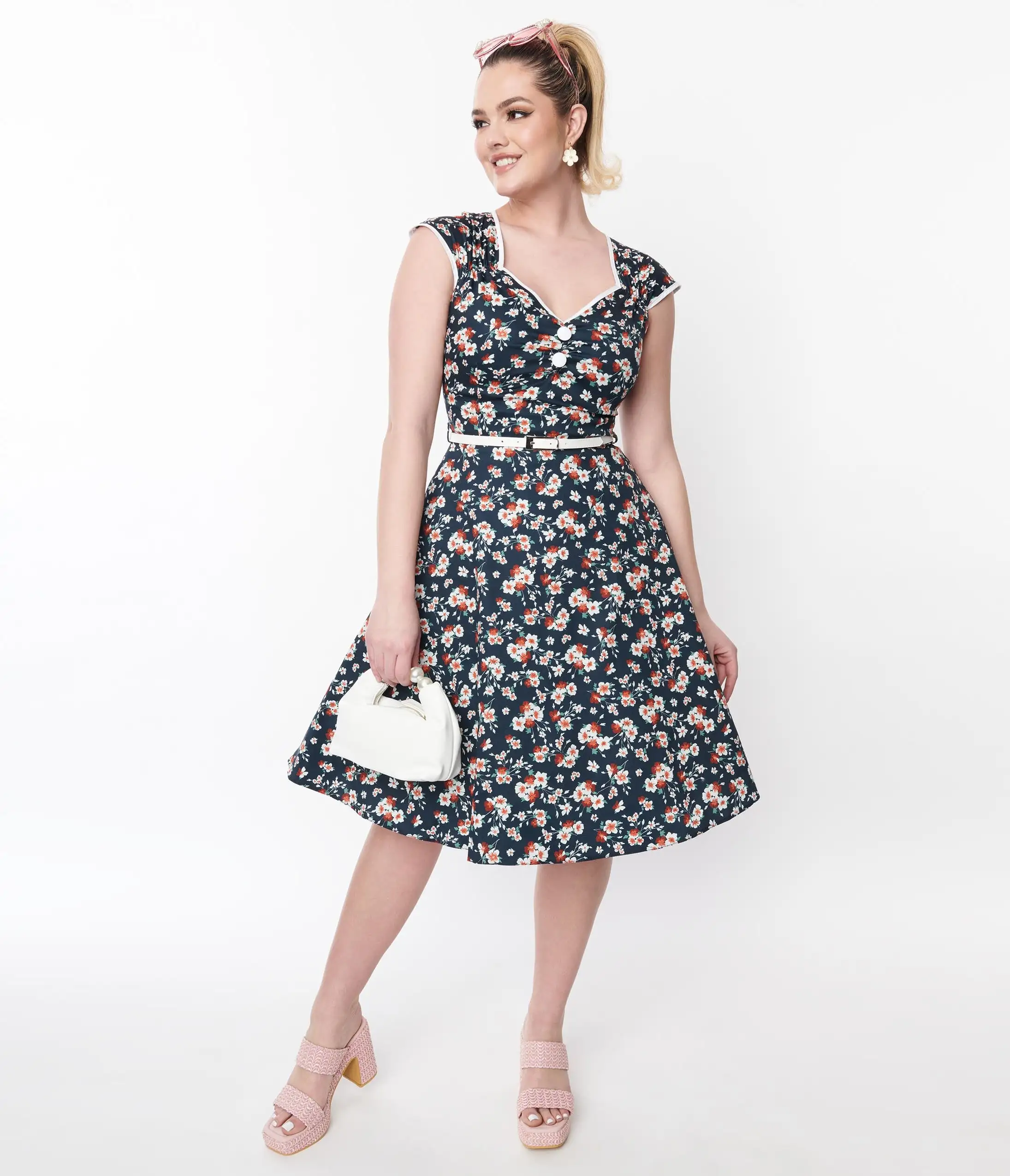 LADY VINTAGE WHOLESALE Navy Ditsy Flower Isabella Swing Dress