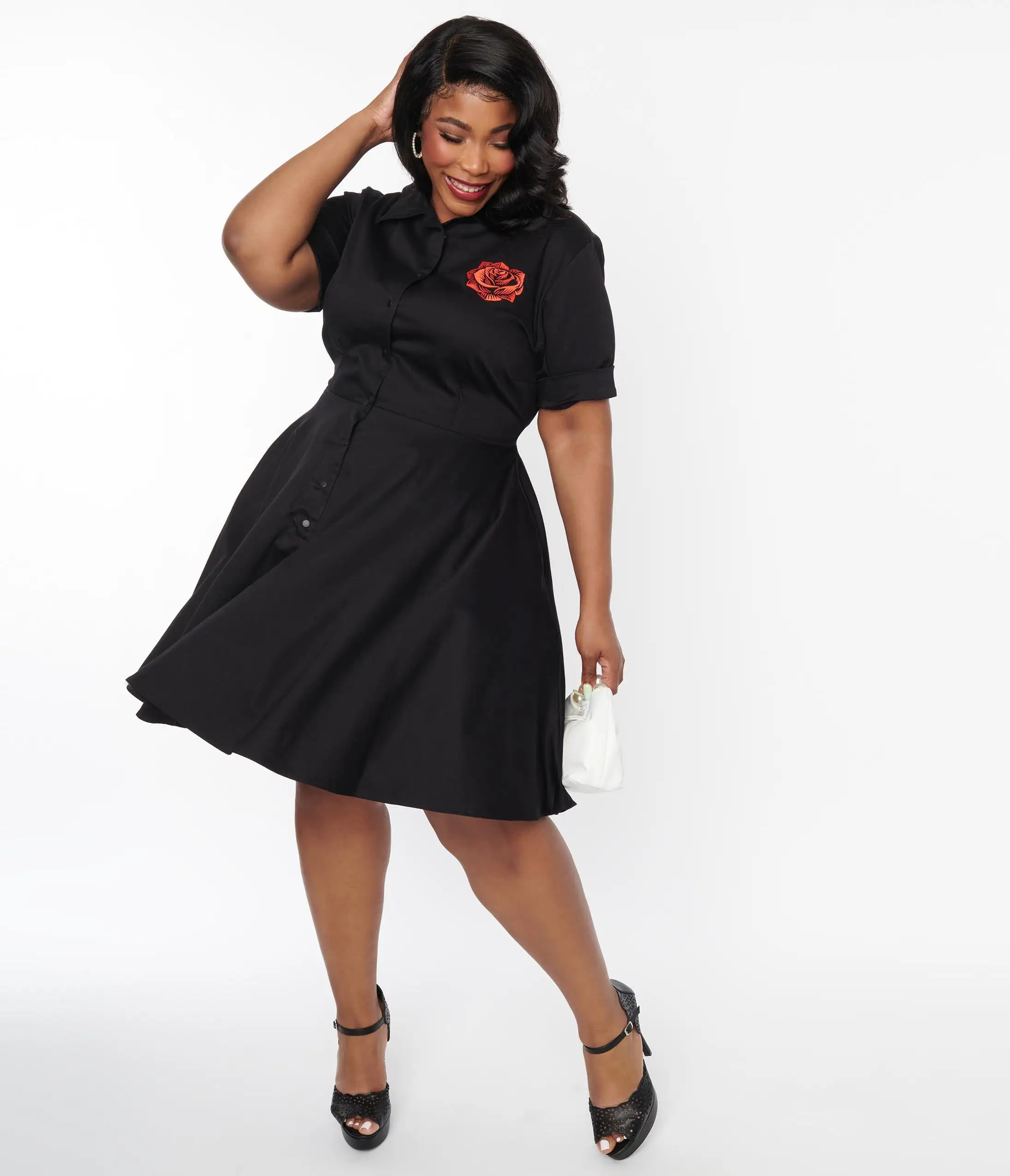 Hemet (Faire) Black & Red Rose Shirt Swing Dress - Image 5