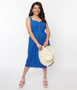 SHEEN Clothing Ltd Blue Eyelet Button Up Sundress