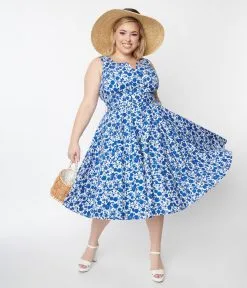SHEEN Clothing Ltd White & Blue Floral Swing Dress