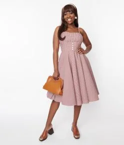 SHEEN Clothing Ltd Vintage Style Rust Red Gingham Bianca Swing Dress