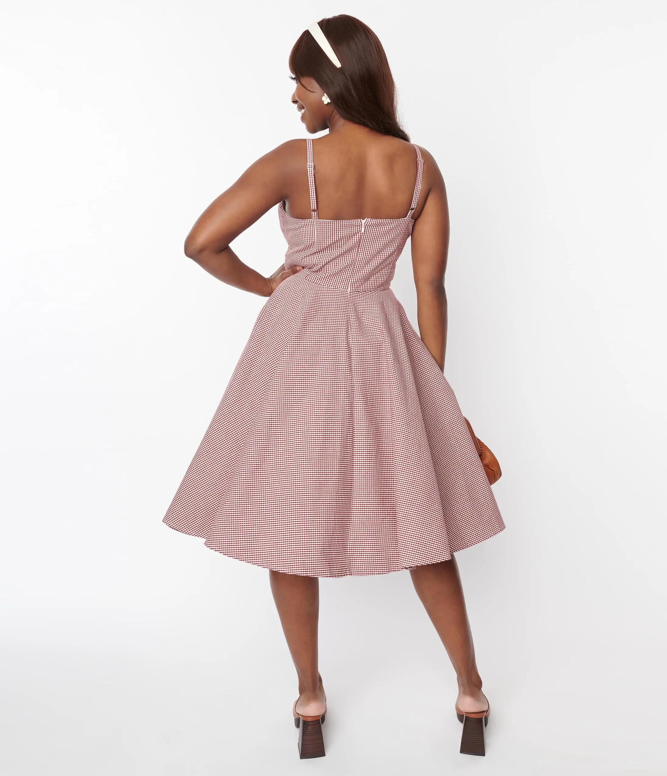 SHEEN Clothing Ltd Vintage Style Rust Red Gingham Bianca Swing Dress - Image 3