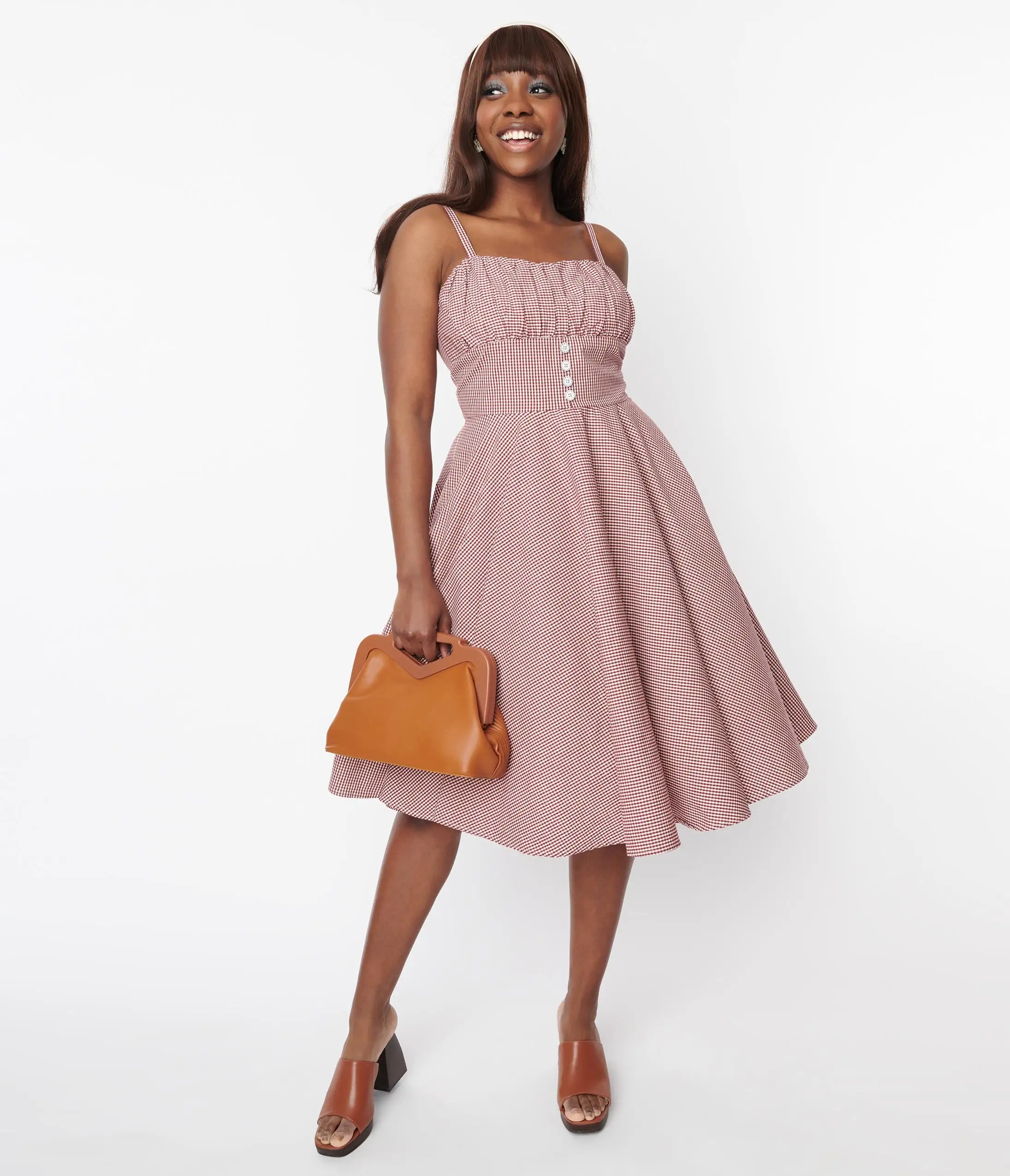 SHEEN Clothing Ltd Vintage Style Rust Red Gingham Bianca Swing Dress - Image 5