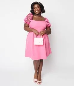 143 Story (Faire) Hot Pink Floral Puff Sleeve Flare Dress