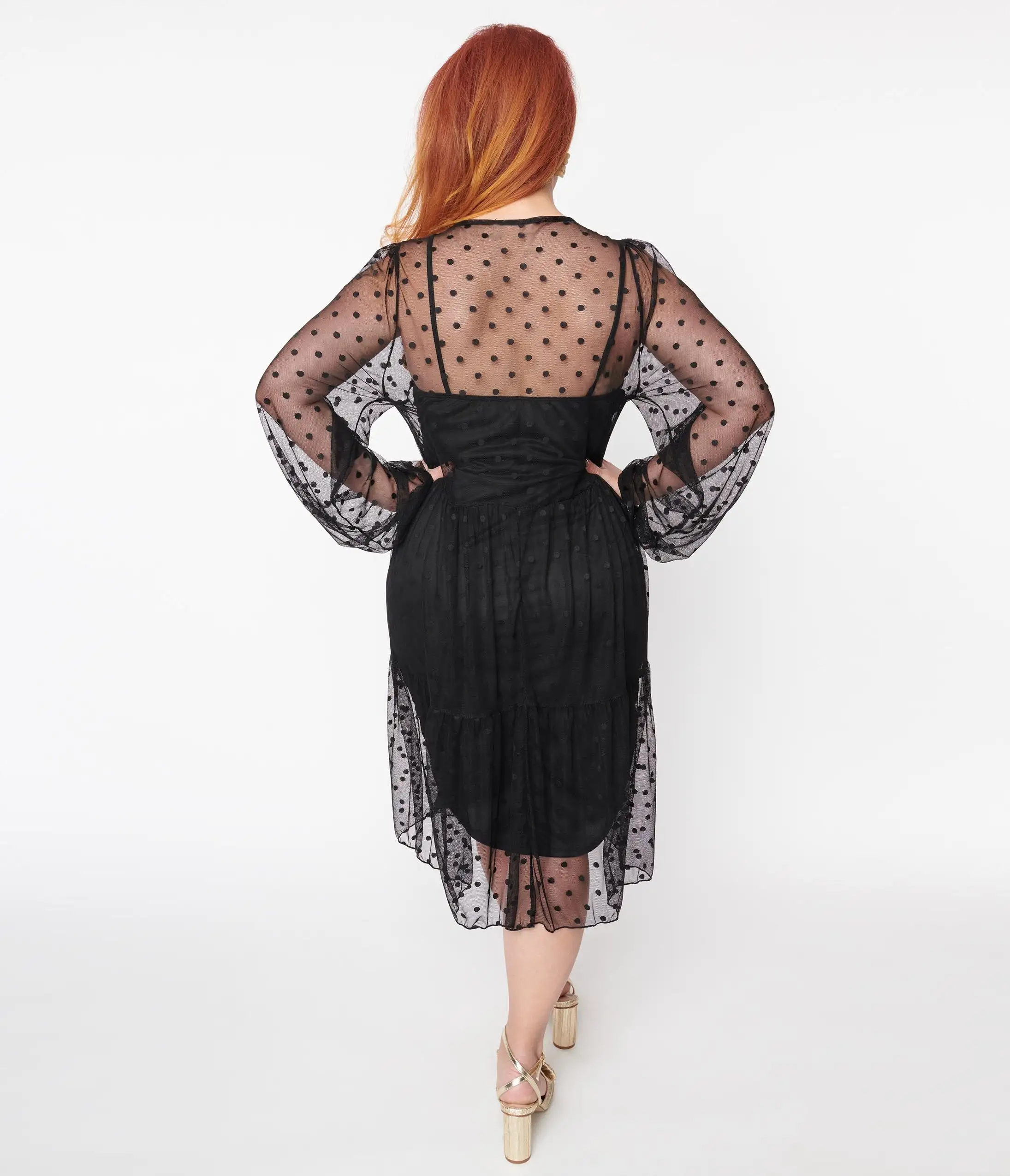 Dorcas Plus Size Black Polka Dot Sheer Dress - Image 3