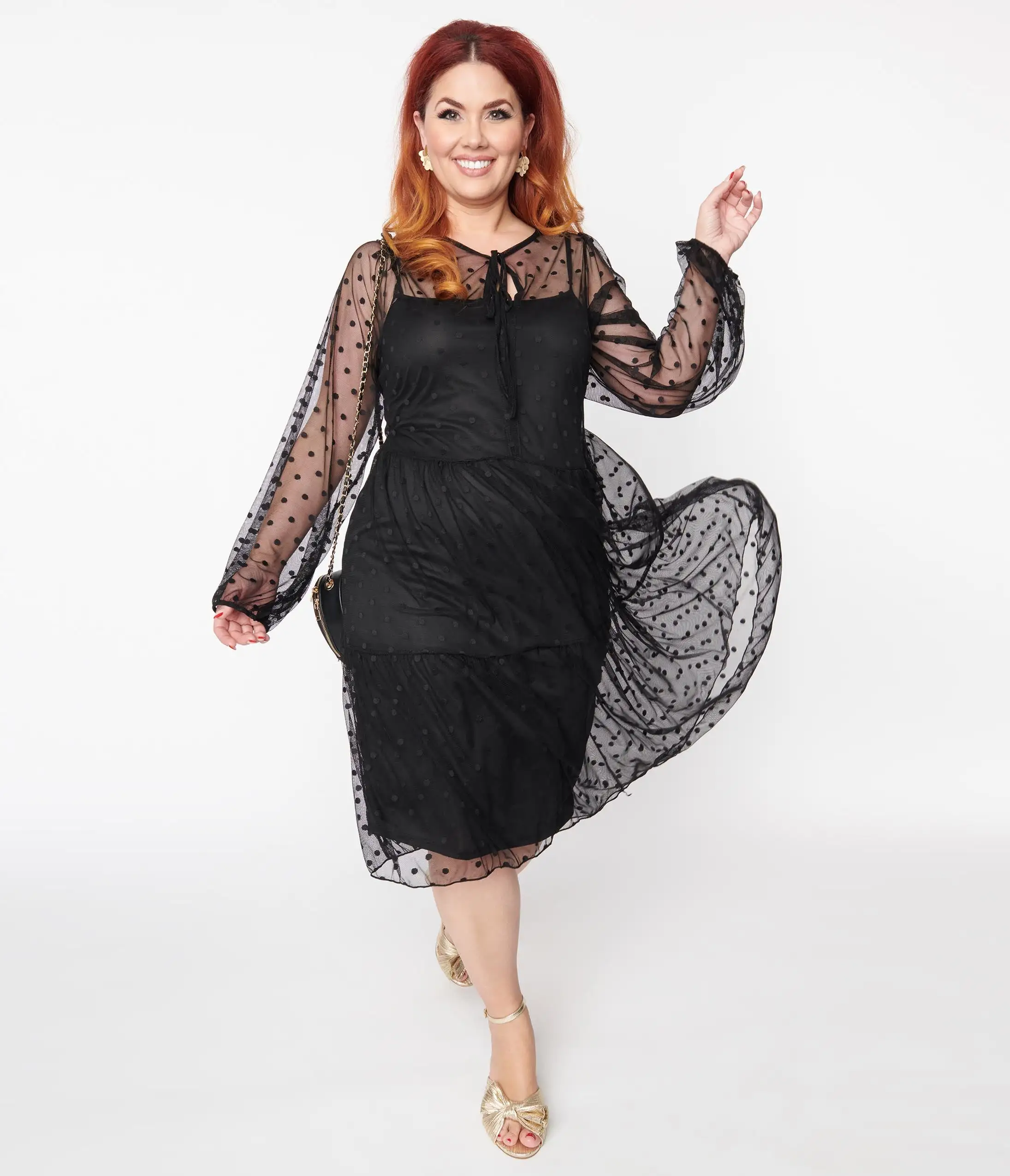 Dorcas Plus Size Black Polka Dot Sheer Dress - Image 5