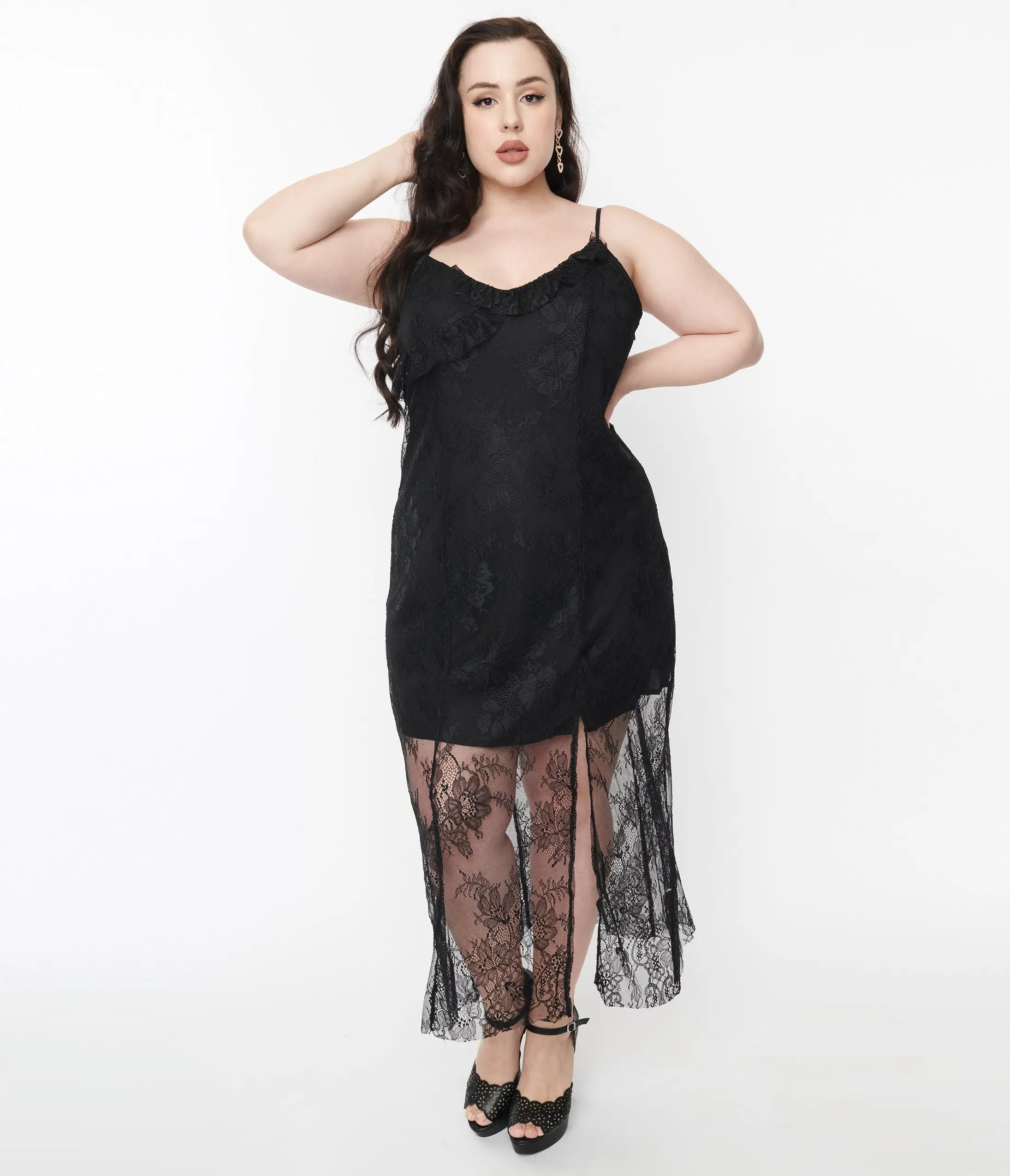 Jade By Jane (Faire) Black Lace Ruffled Midi Dress