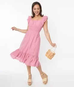 Jade By Jane (Faire) Dusty Rose Eyelet Ruffle Trim Midi Dress