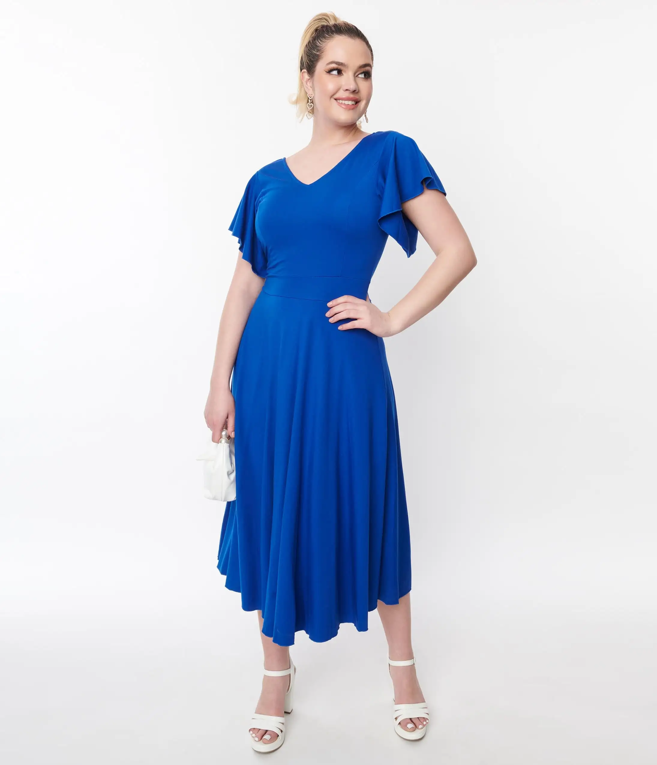 Stay Warm In Style (Faire) Royal Blue Flutter Sleeve Midi Dress - Image 4