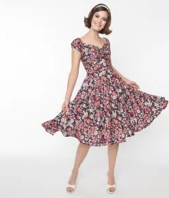 SHEEN Clothing Ltd Black Multicolor Floral Sophia Swing Dress