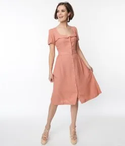 SHEEN Clothing Ltd Light Coral Button Down Fit & Flare Dress