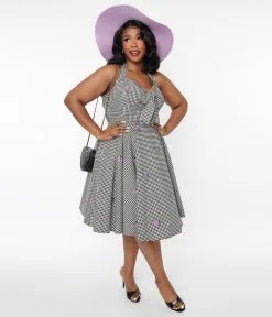 SHEEN Clothing Ltd Black & White Gingham Grape Embroidered Halter Swing Dress