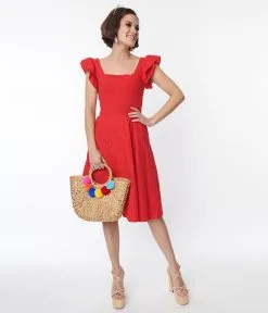 SHEEN Clothing Ltd Red Eyelet Flutter Sleeve Dress
