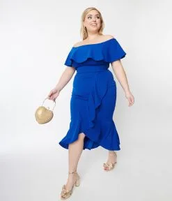 Janette Fashion Plus Size Royal Blue Off The Shoulder Ruffle Midi Dress