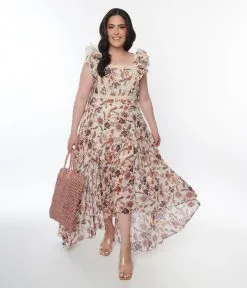 Rose Velvet (FashionGo) Beige Floral Ruffle High Low Maxi Dress