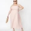 Rose Velvet (FashionGo) Plus Size Pink Self Tie Shoulder Strap Midi Dress