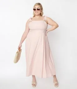 Rose Velvet (FashionGo) Plus Size Pink Self Tie Shoulder Strap Midi Dress