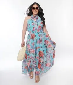 Rose Velvet (FashionGo) Plus Size Sky Blue Floral Ruffled Halter Maxi Dress