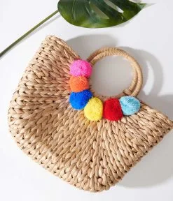 3 AM (Faire) Tan Pom Pom Woven Bag
