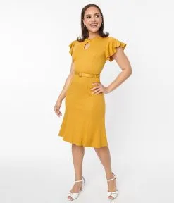 Silver Stop Inc. (Voodoo Vixen) Voodoo Vixen Mustard Flutter Sleeve Fit & Flare Dress