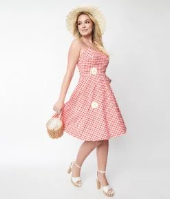 Silver Stop Inc. (Voodoo Vixen) Voodoo Vixen 1950s Style Red & White Gingham Daisy Dolly Swing Dress