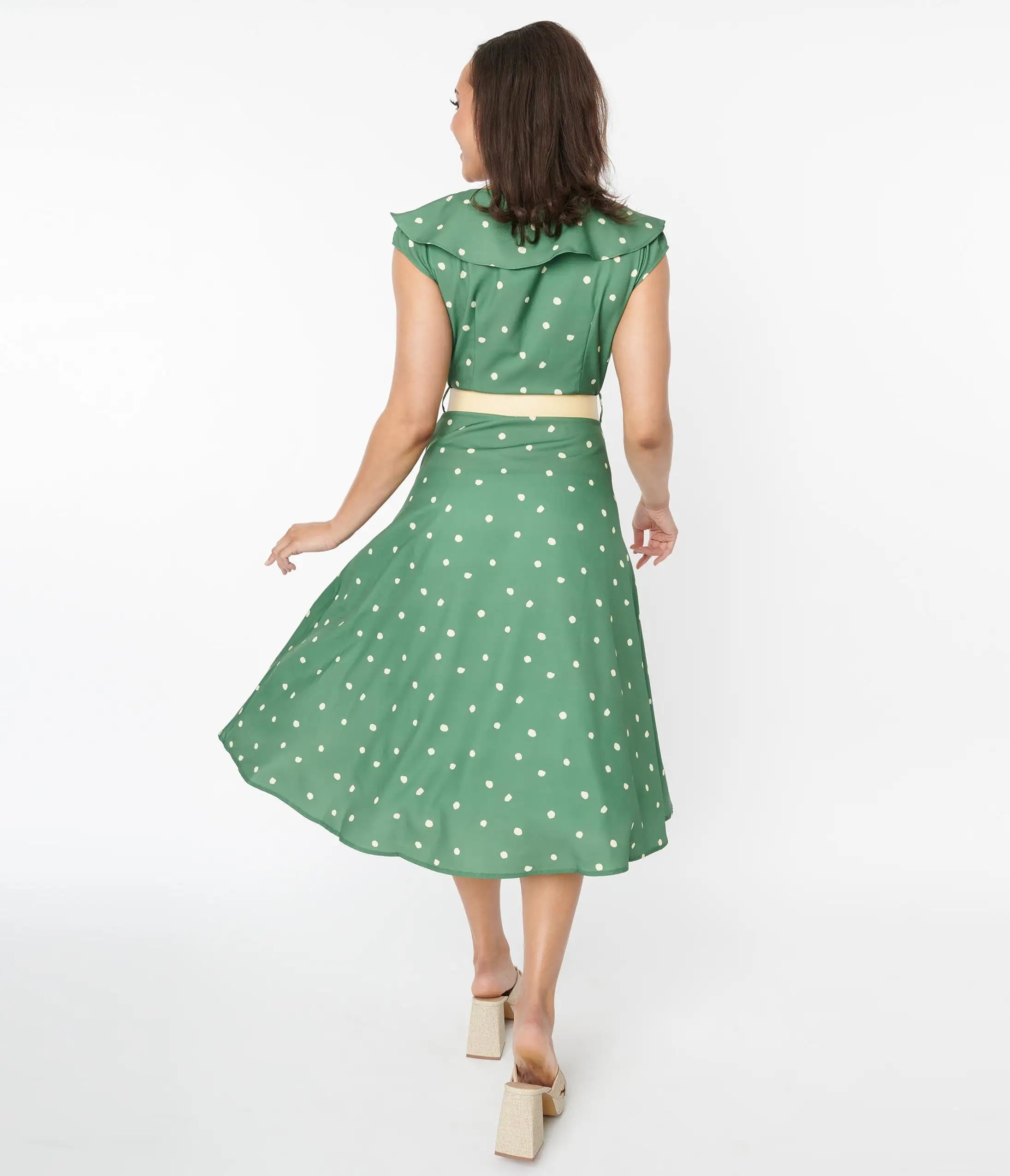 Silver Stop Inc. (Voodoo Vixen) Voodoo Vixen Green & Ivory Dot Midi Dress - Image 2