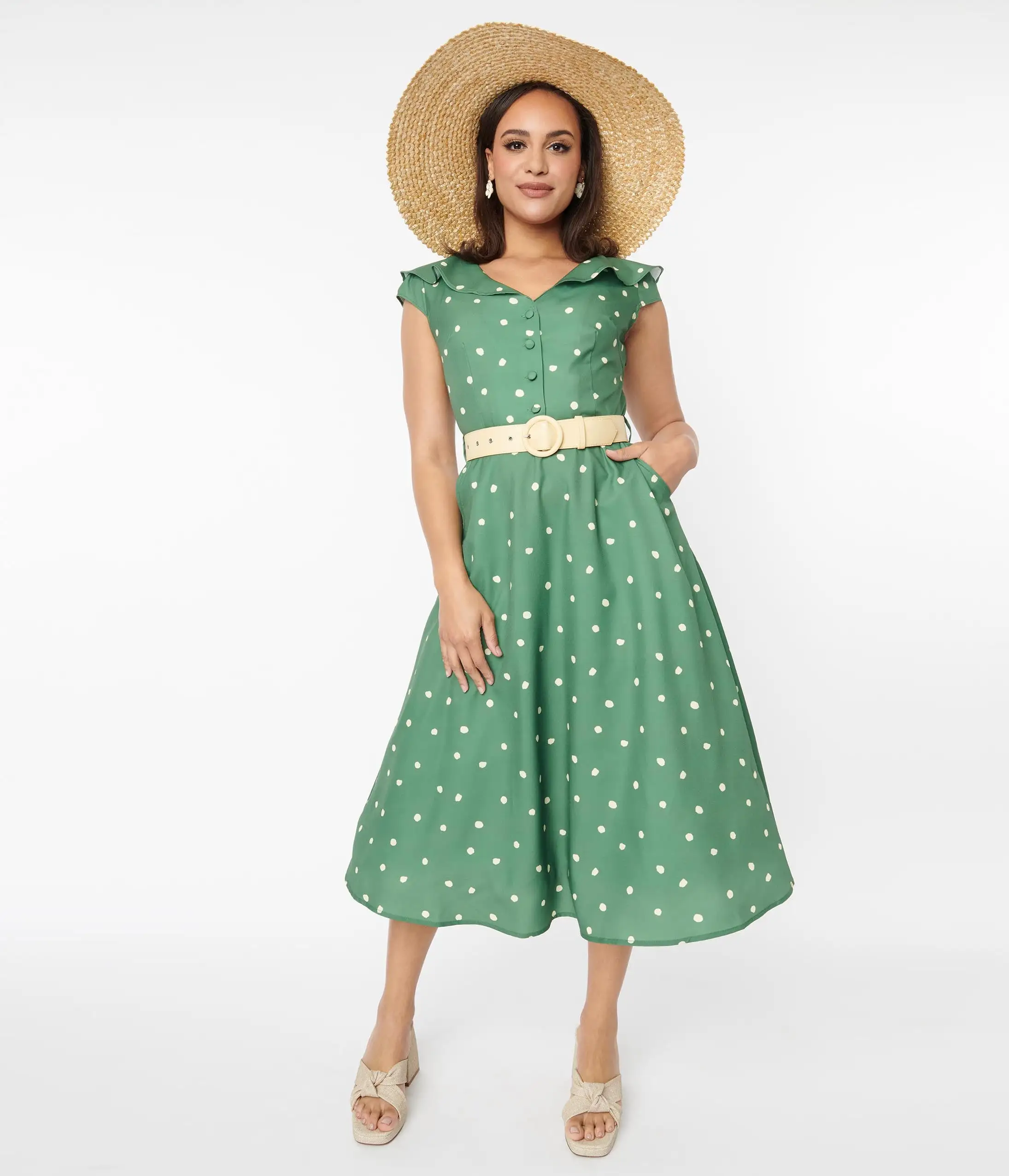 Silver Stop Inc. (Voodoo Vixen) Voodoo Vixen Green & Ivory Dot Midi Dress - Image 4