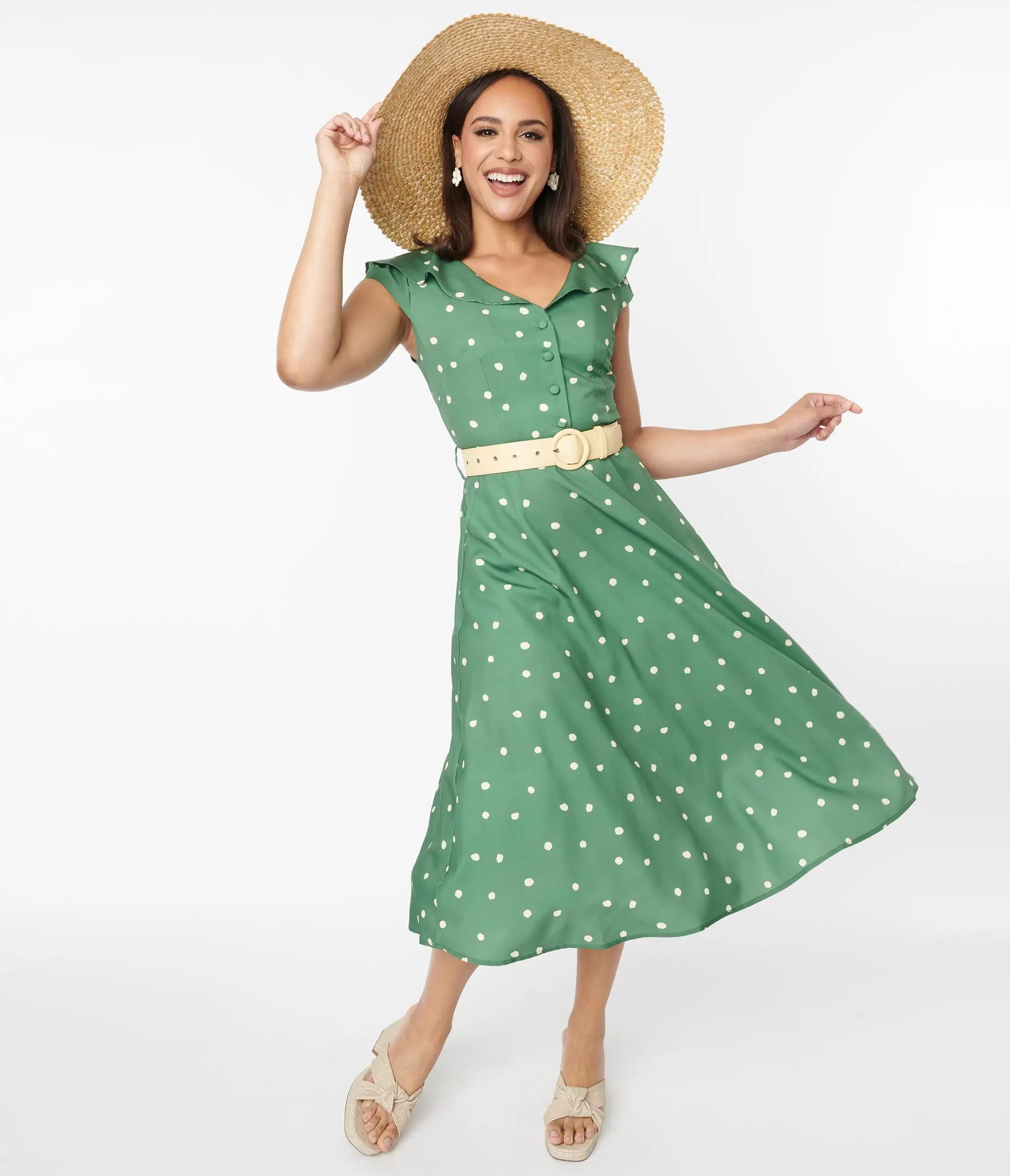 Silver Stop Inc. (Voodoo Vixen) Voodoo Vixen Green & Ivory Dot Midi Dress - Image 5