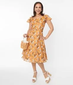 Silver Stop Inc. (Voodoo Vixen) Voodoo Vixen Mustard & White Floral Swing Dress
