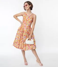 Miss Lulo, Inc. Beige & Orange Floral Fit & Flare Dress