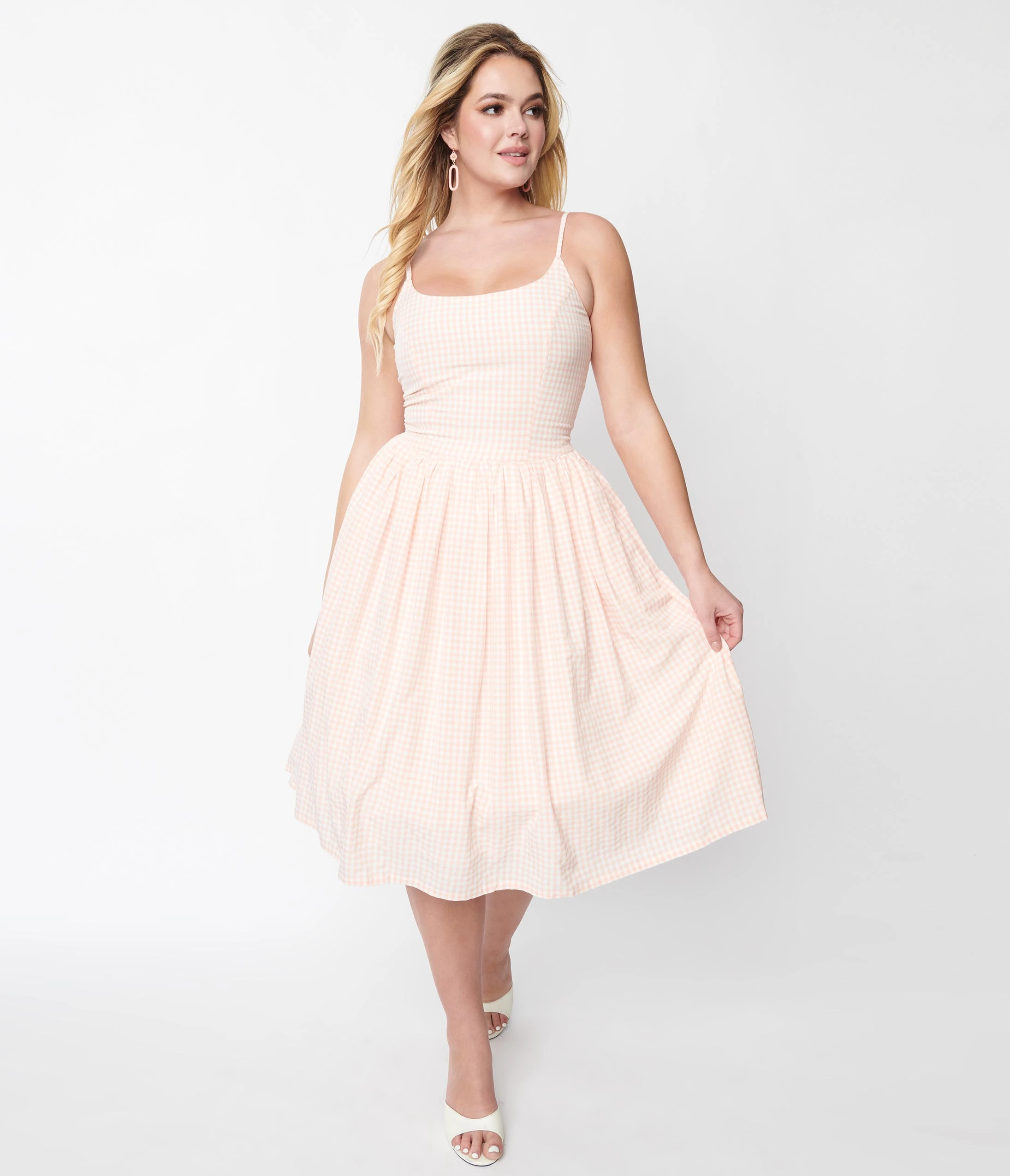 Tatyana Peach & White Gingham Sandra Swing Dress - Image 4