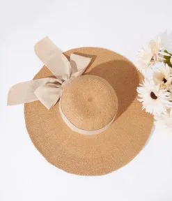 Jeanne Simmons Accessories Tan & Beige Bow Toyo Braid Sun Hat